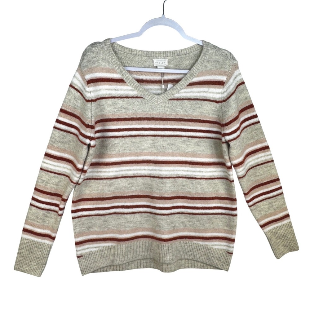 Caslon Womens V-Neck Striped Sweater Oatmeal Rust Pink Size S NWT